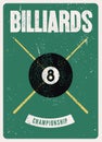 Billiards Championship typographical vintage grunge style poster design. Retro vector illustration. Royalty Free Stock Photo